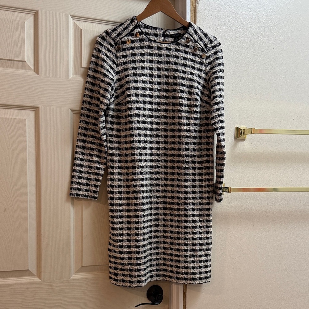 LOFT Black and White Houndstooth Long Sleeve Sheath Dress